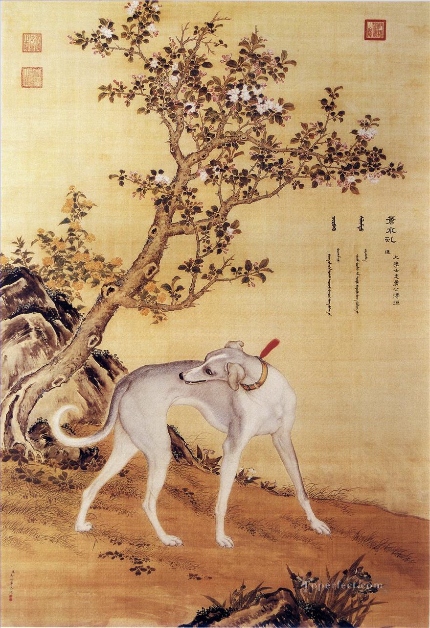 Cangshuiqiu a Chinese greyhound from Ten Prized Dogs Album Lang shining Giuseppe Castiglione old China ink Oil Paintings
